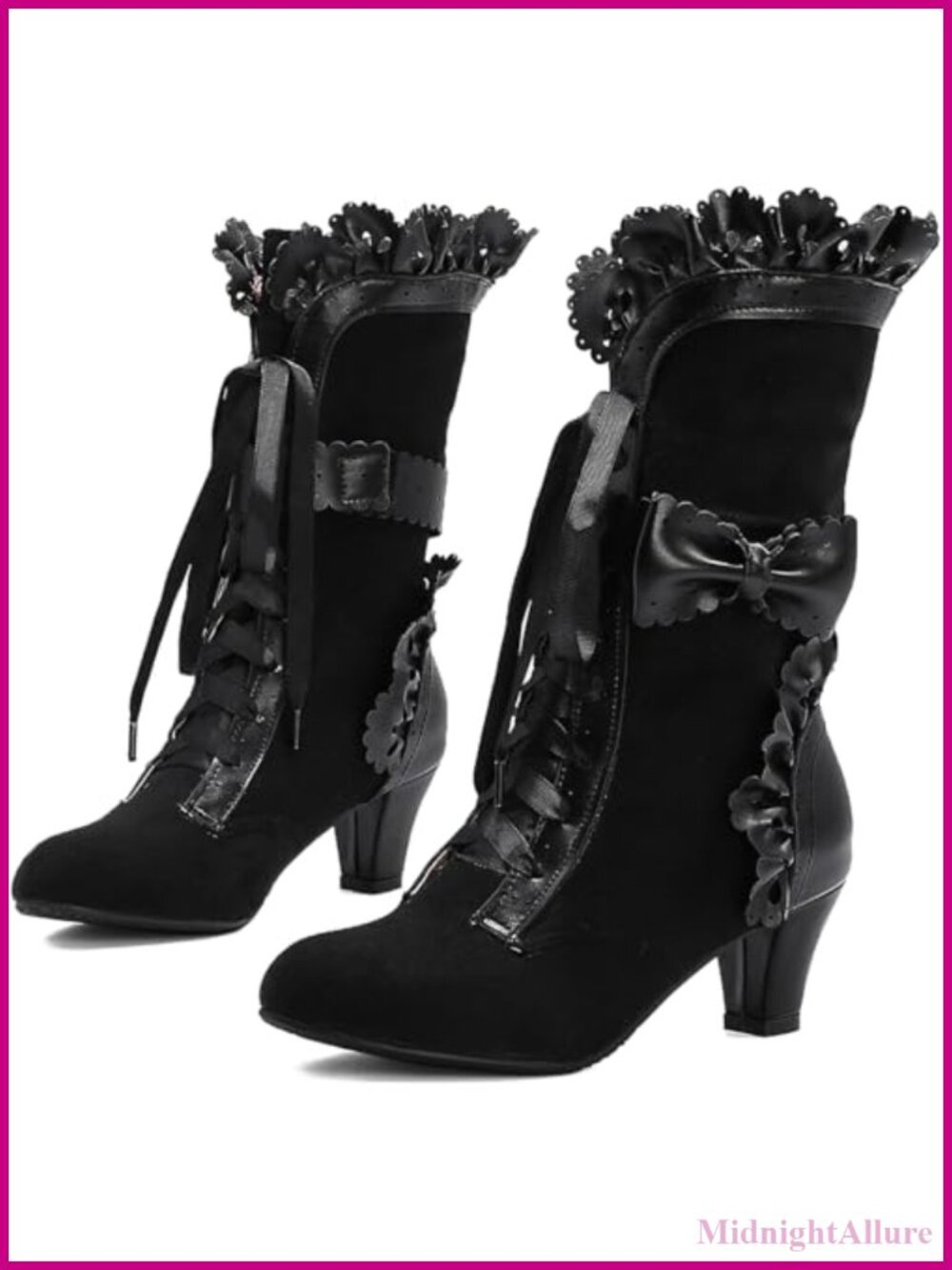 Faux Suede Mid-Calf Lace Up Boots Sweet Bow Victorian Kawaii Mid Heel